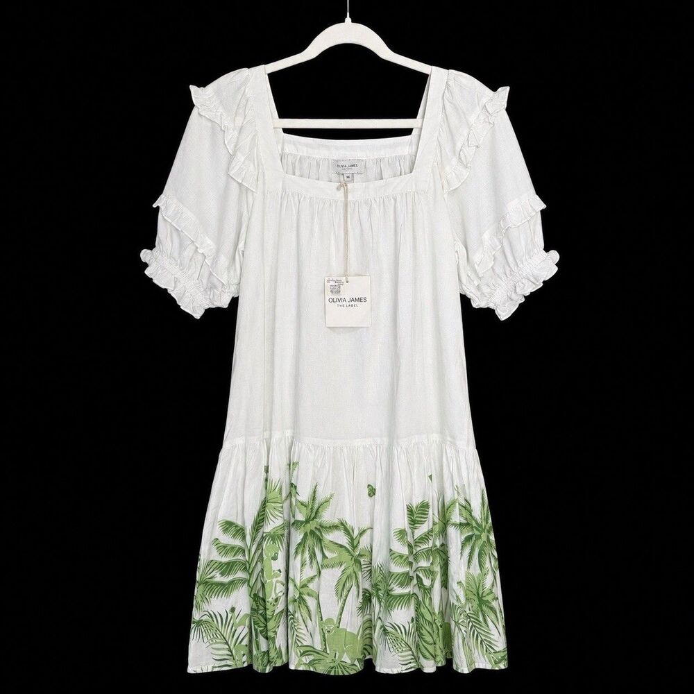 OLIVIA JAMES The Label Sophie Babydoll Short Sleeve Dress Tropical Monkey M $230 - Picture 2 of 8
